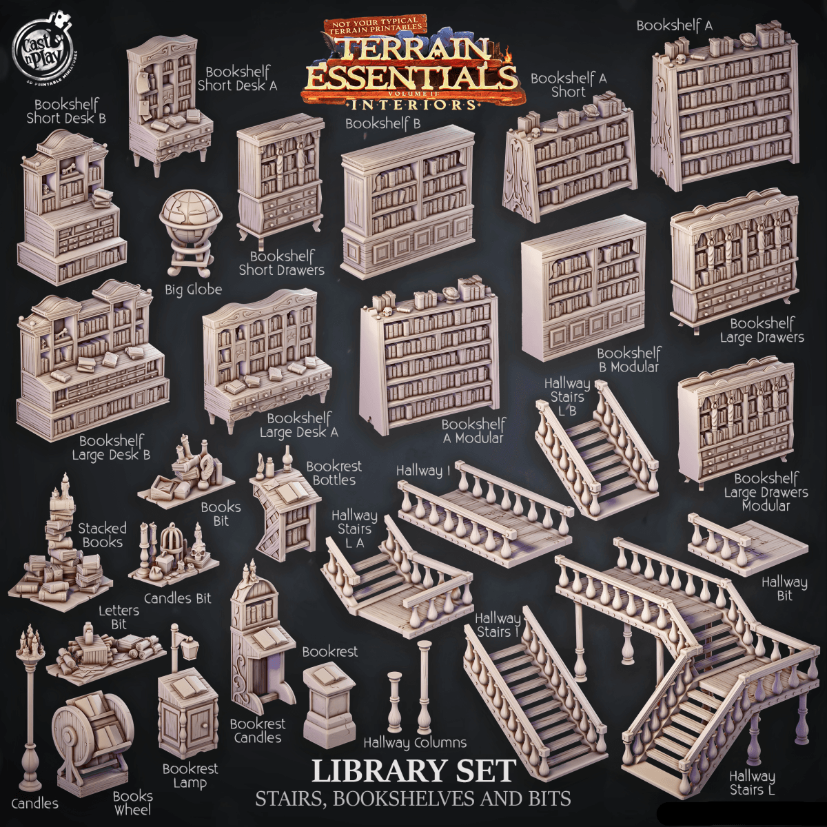 3D Printed Cast n Play Library Stairs, Bookshelves and Bits Terrain Essentials 28mm 32mm D&D - GreyForge Studios