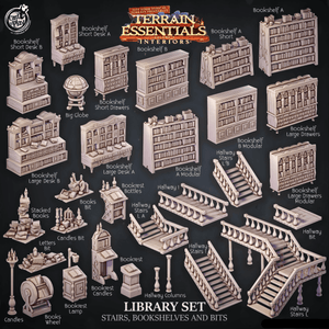 3D Printed Cast n Play Library Stairs, Bookshelves and Bits Terrain Essentials 28mm 32mm D&D - GreyForge Studios