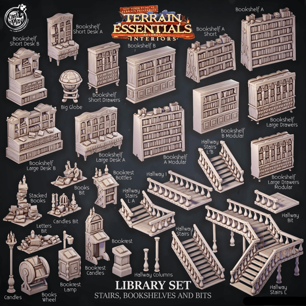 3D Printed Cast n Play Library Stairs, Bookshelves and Bits Terrain Essentials 28mm 32mm D&D - GreyForge Studios